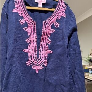 Lilly Pulitzer Navy Shirt with Pink Embroidery